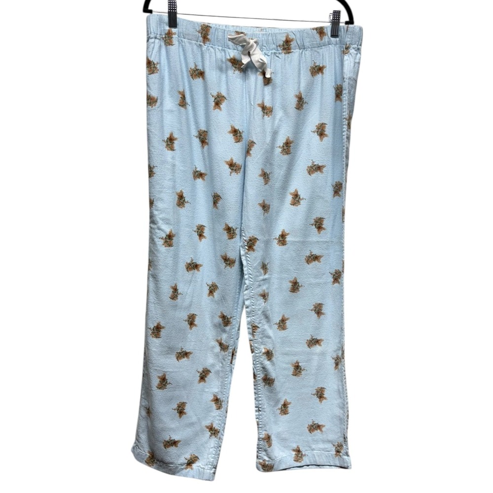 J. Crew‎ Womens Size L Blue Dog Christmas Pajama Pants Lights Frenchie Flannel